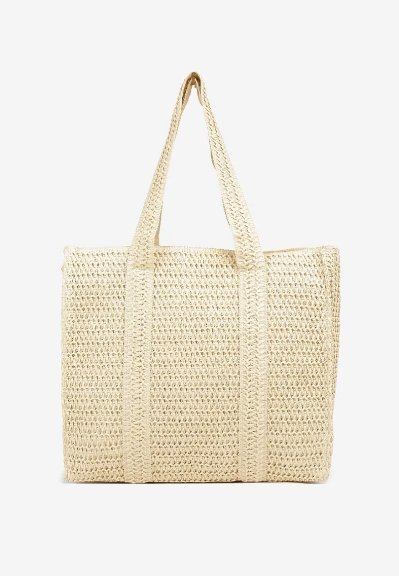 Beżowa Torebka Shopper Plażowa z Plecionki Galavisena
