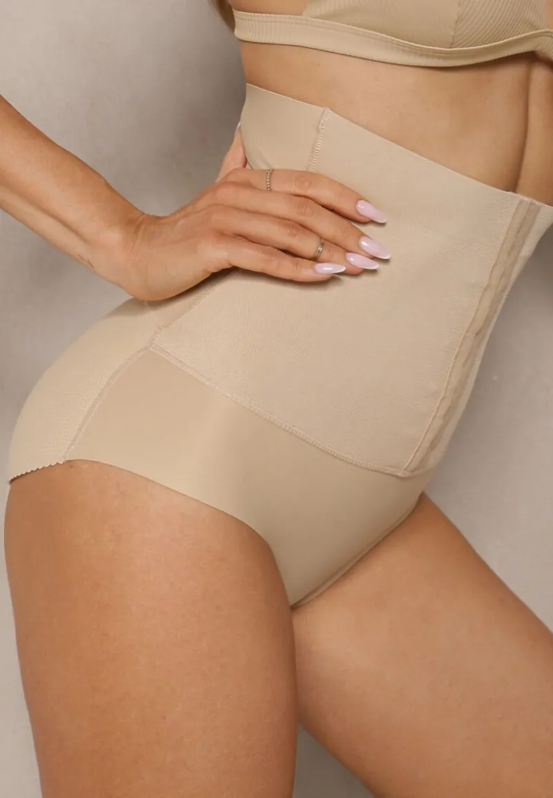 Beżowa Bielizna Modelująca Majtki Push Up z Wysokim Stanem Zinello