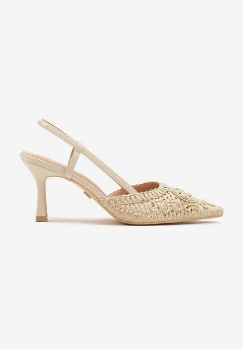 Beżowe Ażurowe Sandały Vices na Szpilce Typu Slingback Erathiela