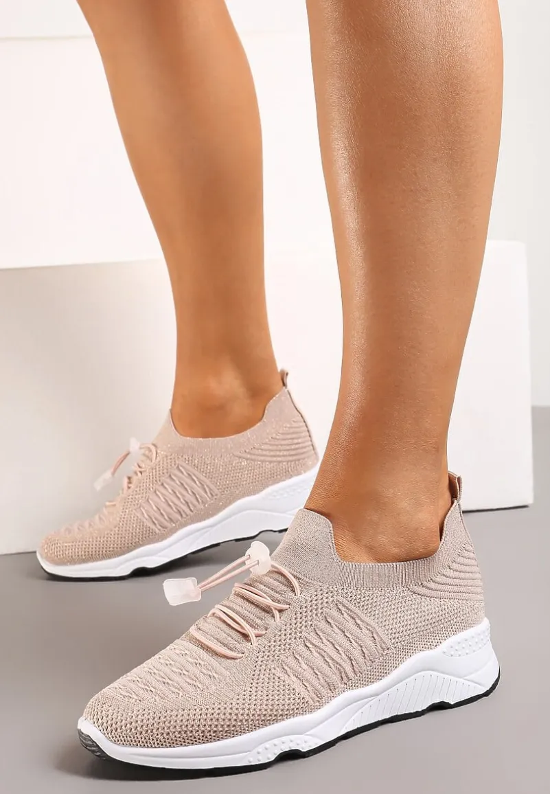 Beżowe Buty Sportowe Ściągane Gumką Ozdobione Metaliczną Nicią Rianelle