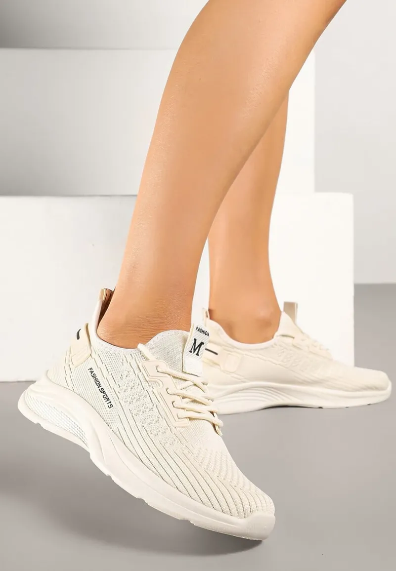 Beżowe Buty Sportowe Sneakersy Ozdobione Tłoczeniem i Napisami Odalene