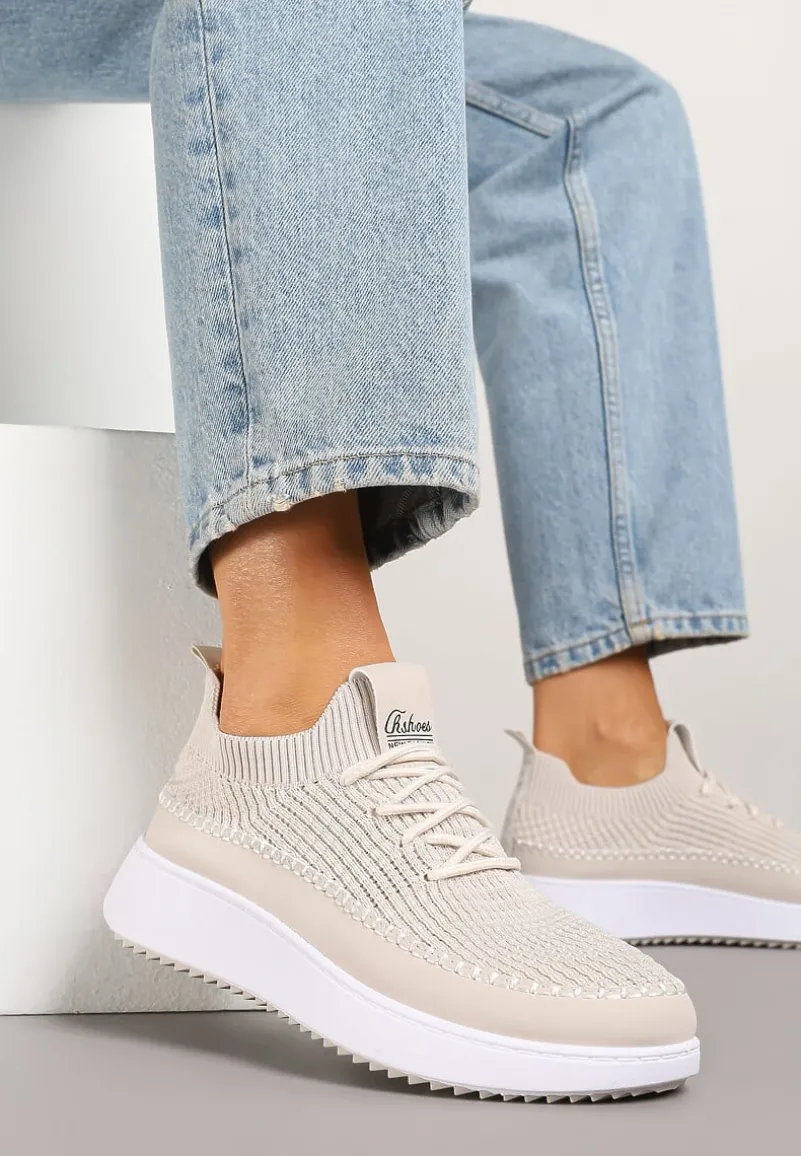 Beżowe Buty Sportowe Sneakersy z Siateczkową Cholewką Helazia