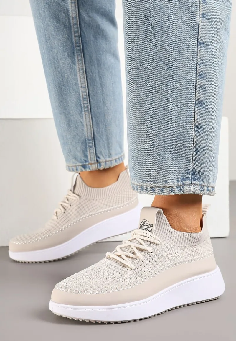 Beżowe Buty Sportowe Sneakersy z Siateczkową Cholewką Helazia