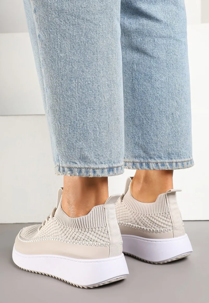 Beżowe Buty Sportowe Sneakersy z Siateczkową Cholewką Helazia