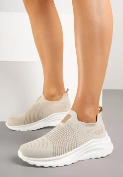 Beżowe Buty Sportowe Sneakersy na Tłoczonej Platformie z Elastyczną Cholewką Velmio