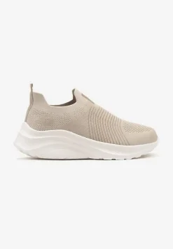 Beżowe Buty Sportowe Sneakersy na Tłoczonej Platformie z Elastyczną Cholewką Velmio