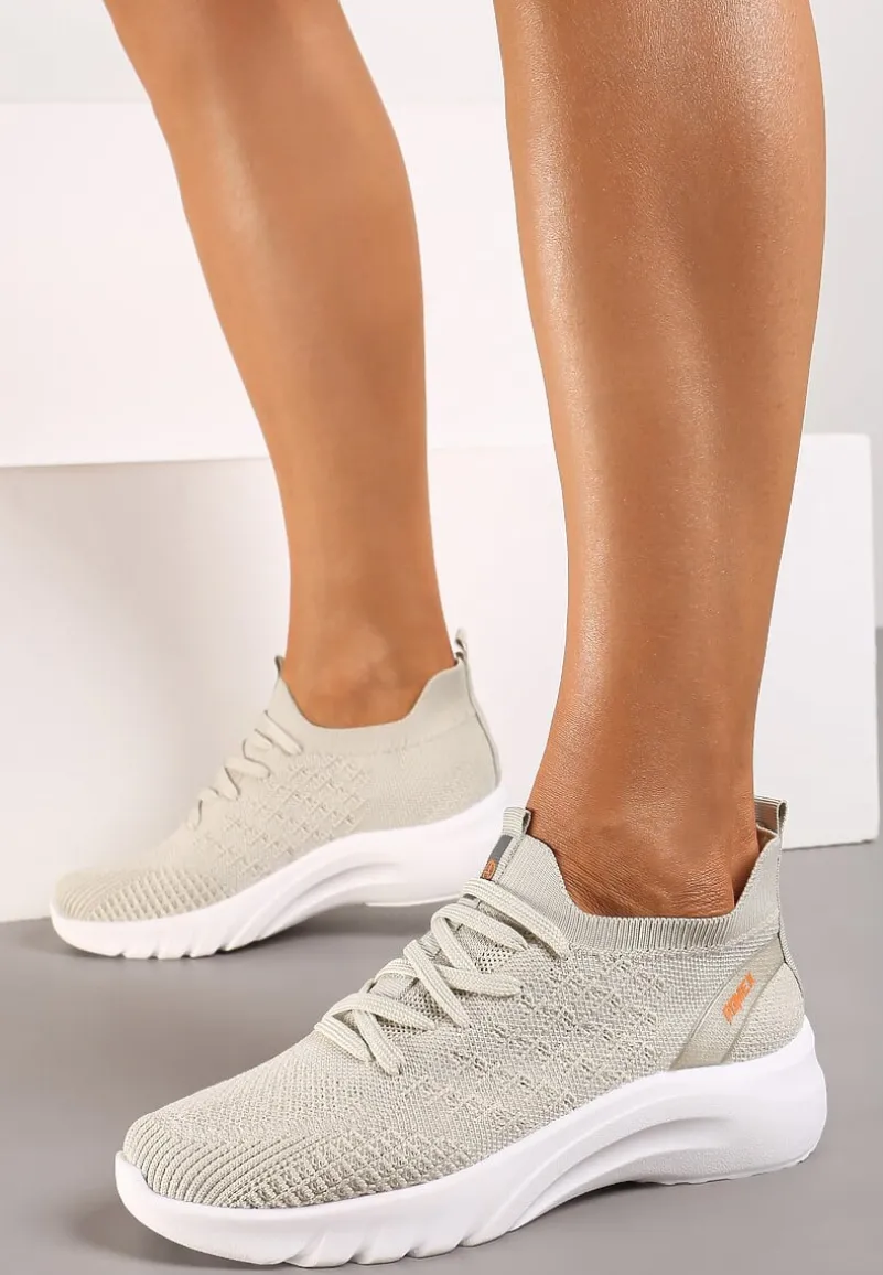 Beżowe Buty Sportowe z Cholewką w Skarpetkowym Stylu Voletta