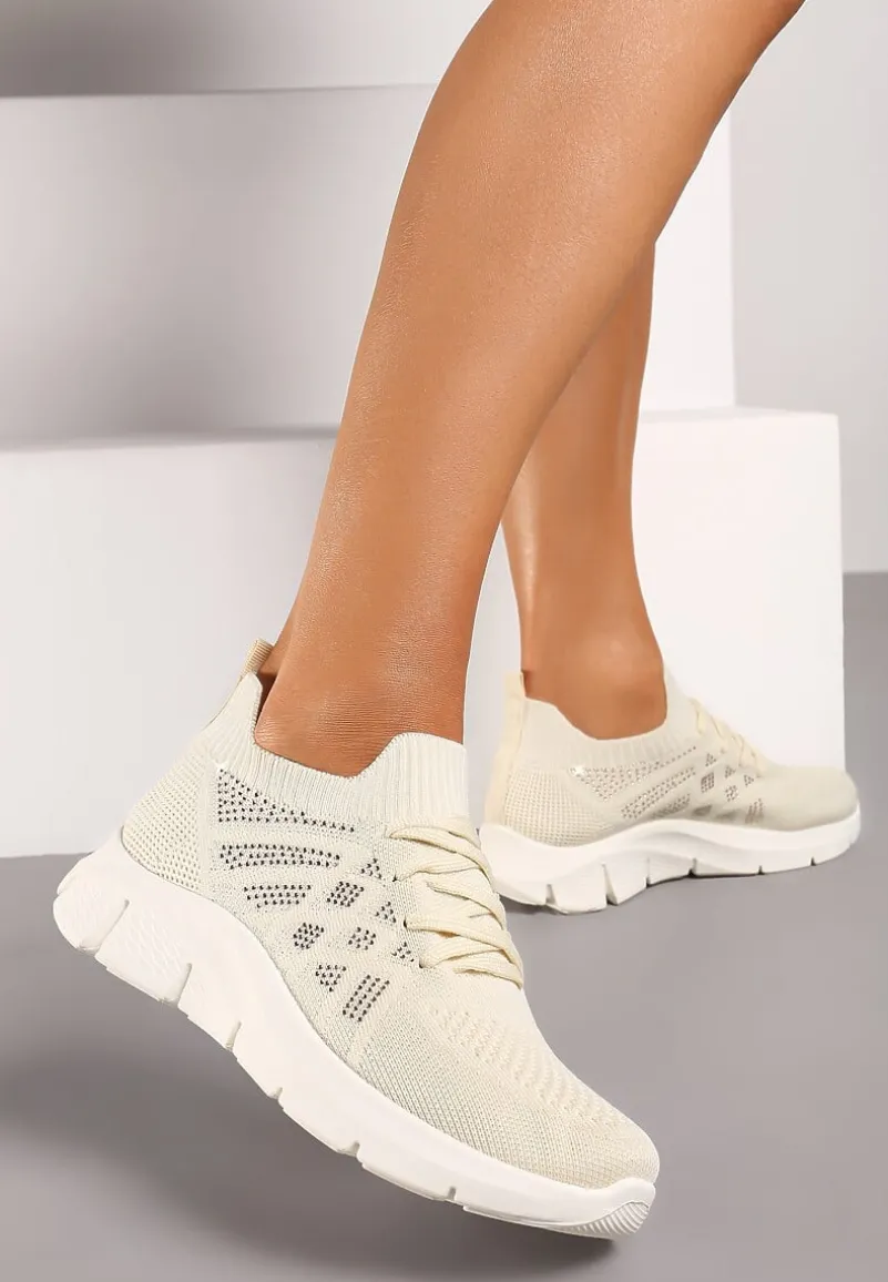 Beżowe Buty Sportowe z Elastyczną Wsuwaną Cholewką i Wkładką ze Skóry Naturalnej Rantia
