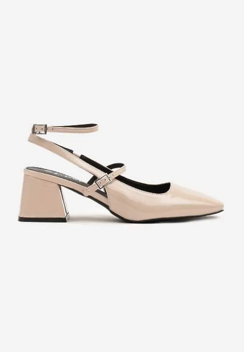 Beżowe Czółenka Slingback z Lakierowanej Imitacji Skóry z Dwiema Sprzączkami Frantalia