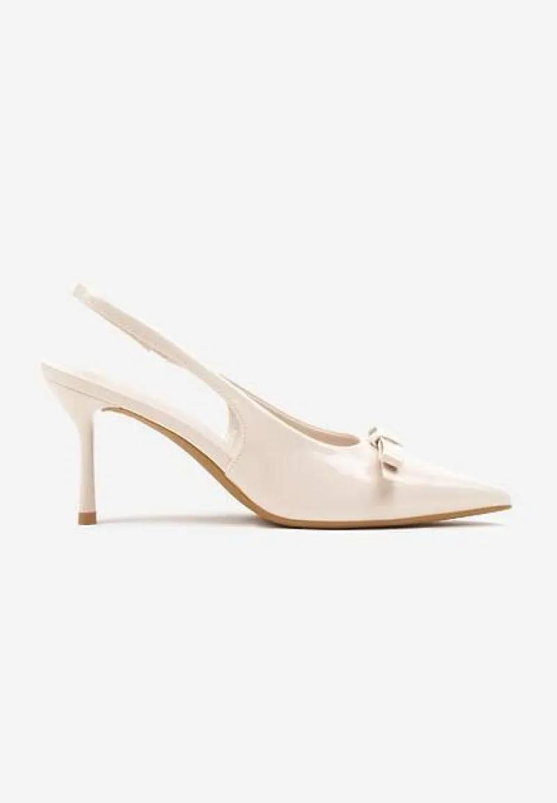 Beżowe Lakierowane Sandały Szpilki Vices Typu Slingback z Kokardą Dorozia