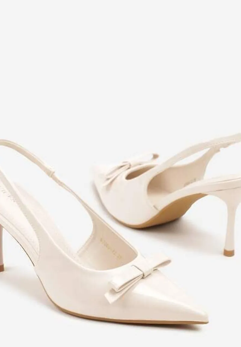 Beżowe Lakierowane Sandały Szpilki Vices Typu Slingback z Kokardą Dorozia