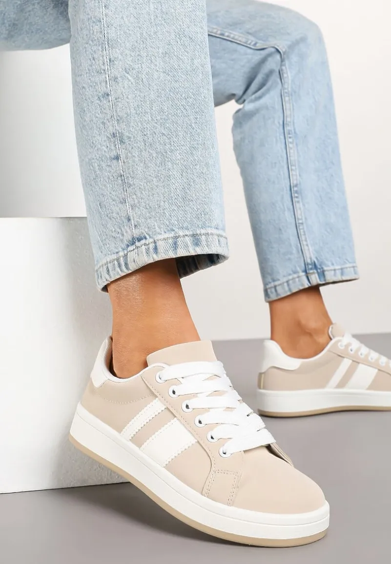 Beżowe Płaskie Sneakersy z Paskiem Quinesi