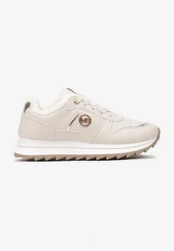 Beżowe Płaskie Sznurowane Sneakersy Ocieplane Ozdobione Metalicznymi Aplikacjami Delanoria