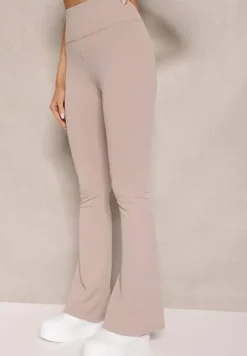 Beżowe Prążkowane Spodnie Typu Dzwony High Waist Farinia