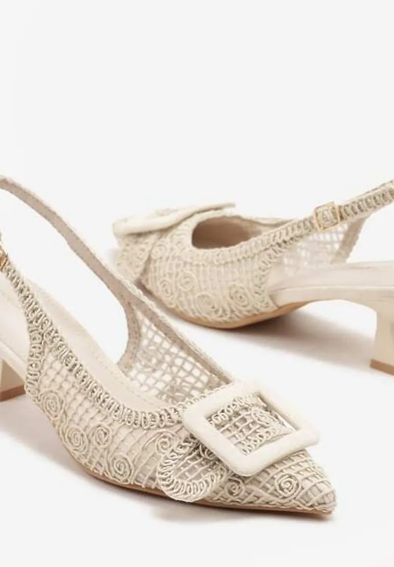 Beżowe Sandały na Kaczuszce Typu Slingback Ozdobione Plecionką i Klamrą Elivrella