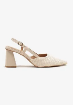 Beżowe Sandały na Słupku Typu Slingback Ozdobione Plecionką Koralisa