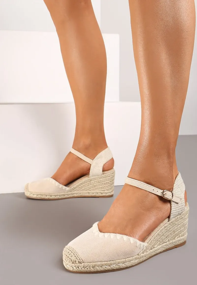 Beżowe Sandały w Stylu Espadryli z Plecionką na Koturnie Tiimada