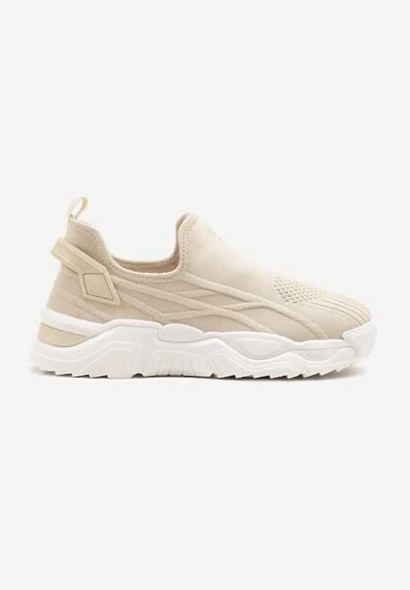 Beżowe Siateczkowe Buty Sportowe Sneakersy Wsuwane Zdobione Tłoczeniami Nusadela