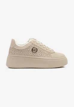 Beżowe Sneakersy na Platformie z Ażurowym Wykończeniem Isdisane