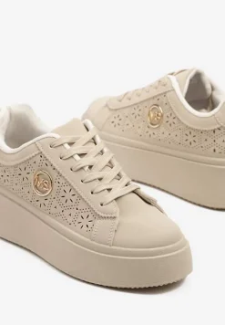 Beżowe Sneakersy na Platformie z Ażurowym Wykończeniem Isdisane