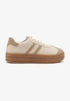 Beżowe Sneakersy na Tłoczonej Platformie Ozdobione Paskami Felainora
