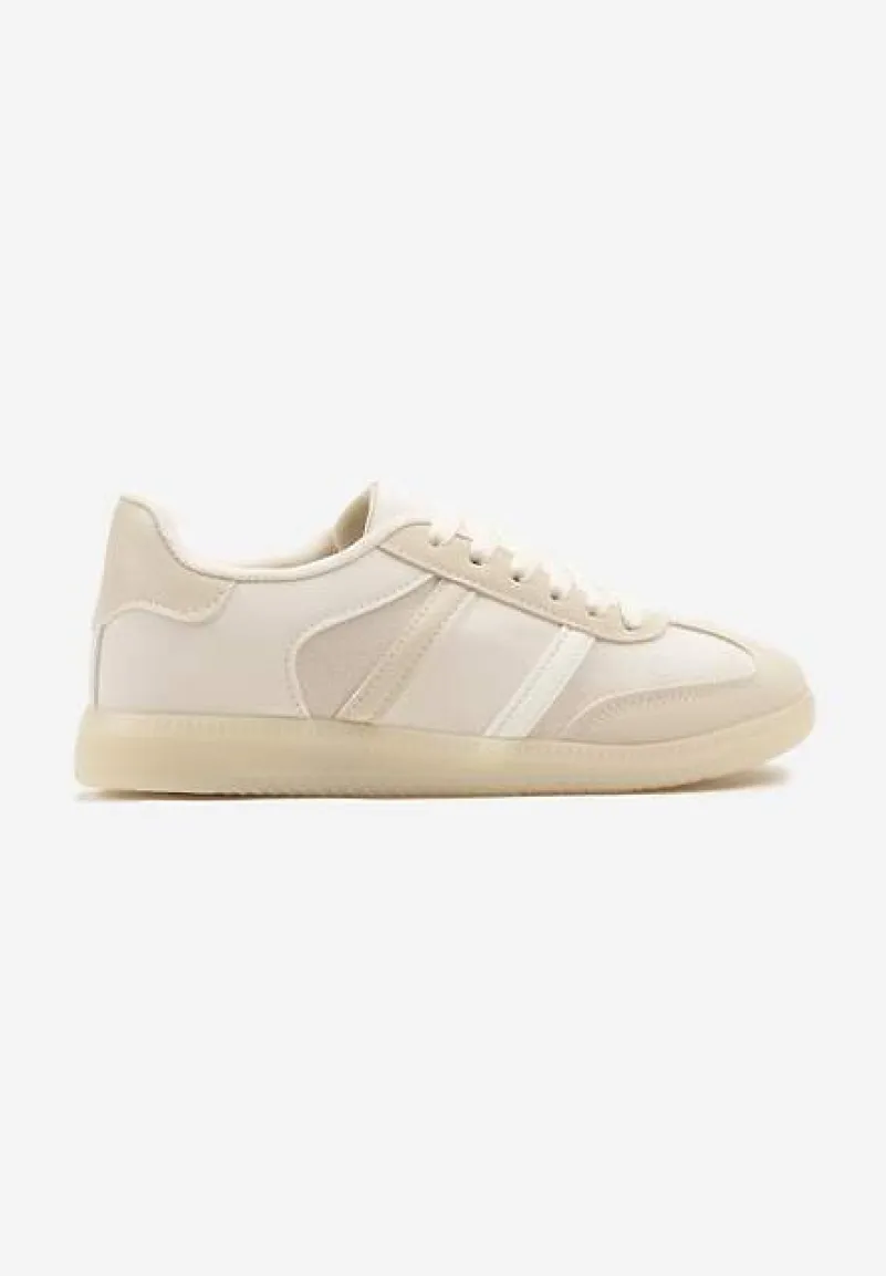 Beżowe Sneakersy Sportowe przed Kostkę z Ozdobnymi Paskami Zonevia