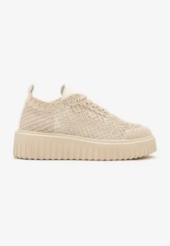 Beżowe Sneakersy Vices na Platformie z Ażurową Cholewką Lumerise