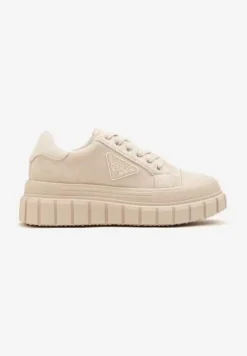 Beżowe Sneakersy Vices na Platformie z Ozdobą i Napisem Leawen