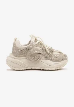 Beżowe Sneakersy z Cyrkoniami i Ozdobnym Sznurowaniem Sorvea