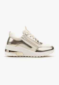 Beżowe Sneakersy z Ekoskóry z Połyskującymi Detalami i Ozdobnym Zamkiem Raviles