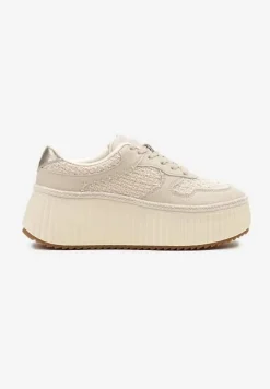 Beżowe Sneakersy ze Skóry Naturalnej na Tłoczonej Platformie Mirivin