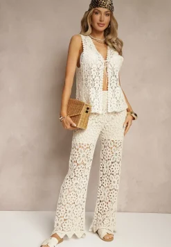 Beżowe Spodnie Flare High Waist z Ażurowej Tkaniny z Gumką w Talii Mepnira