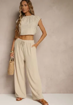 Beżowe Spodnie High Waist ze Sznurkiem w Talii i Prostą Nogawką Raveann