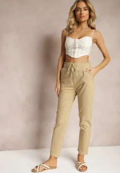 Beżowe Spodnie High Waist ze Sznurkami i Guzikami Arifea
