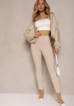 Beżowe Spodnie Skinny z Bawełną i Ozdobnymi Guzikami Arrimarela