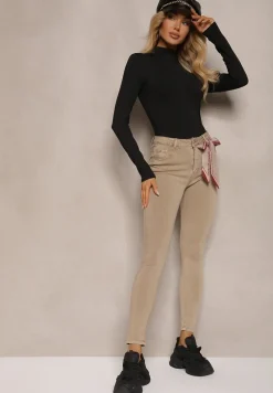 Beżowe Spodnie Skinny z Wysokim Stanem i Ozdobną Chustką Hyadia