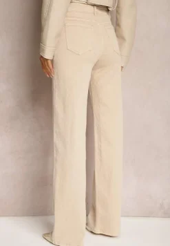 Beżowe Szerokie Jeansy z Bawełnianej Tkaniny Plumeti High Waist Rrisa
