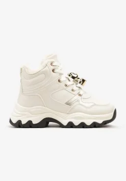 Beżowe Sznurowane Sneakersy na Płaskiej Podeszwie za Kostkę z Aplikacjami Misiów Temisza