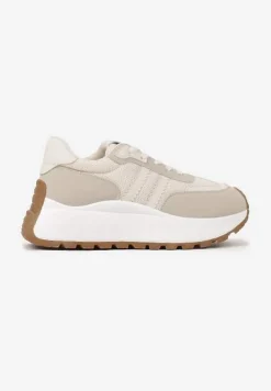 Beżowe Sznurowane Sneakersy Vices na Platformie z Ozdobnymi Paskami Seliniel