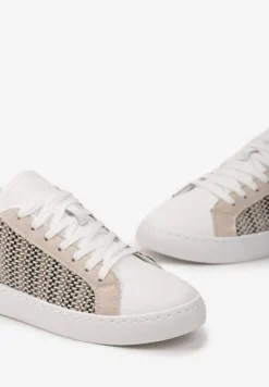 Beżowe Sznurowane Sneakersy z Materiałową Wstawką i Okrągłym Noskiem Bowlie