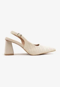Beżowe Tweedowe Sandały Slingback na Słupkowym Obcasie Taslia