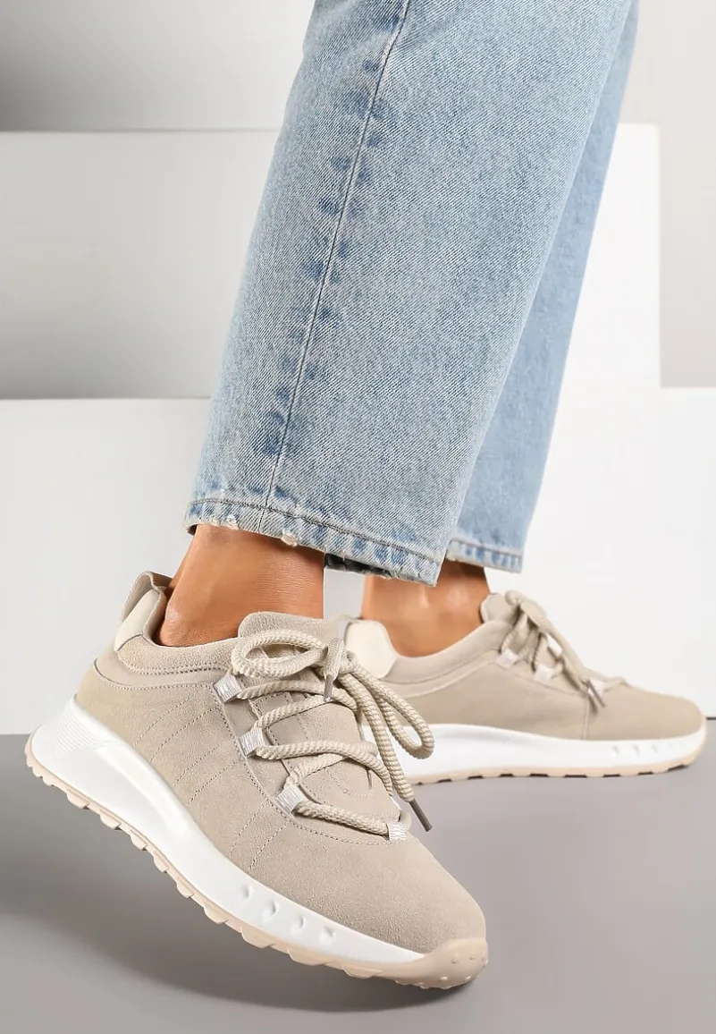 Beżowe Zamszowe Sneakersy z Wkładką ze Skóry Naturalnej Dolavienne
