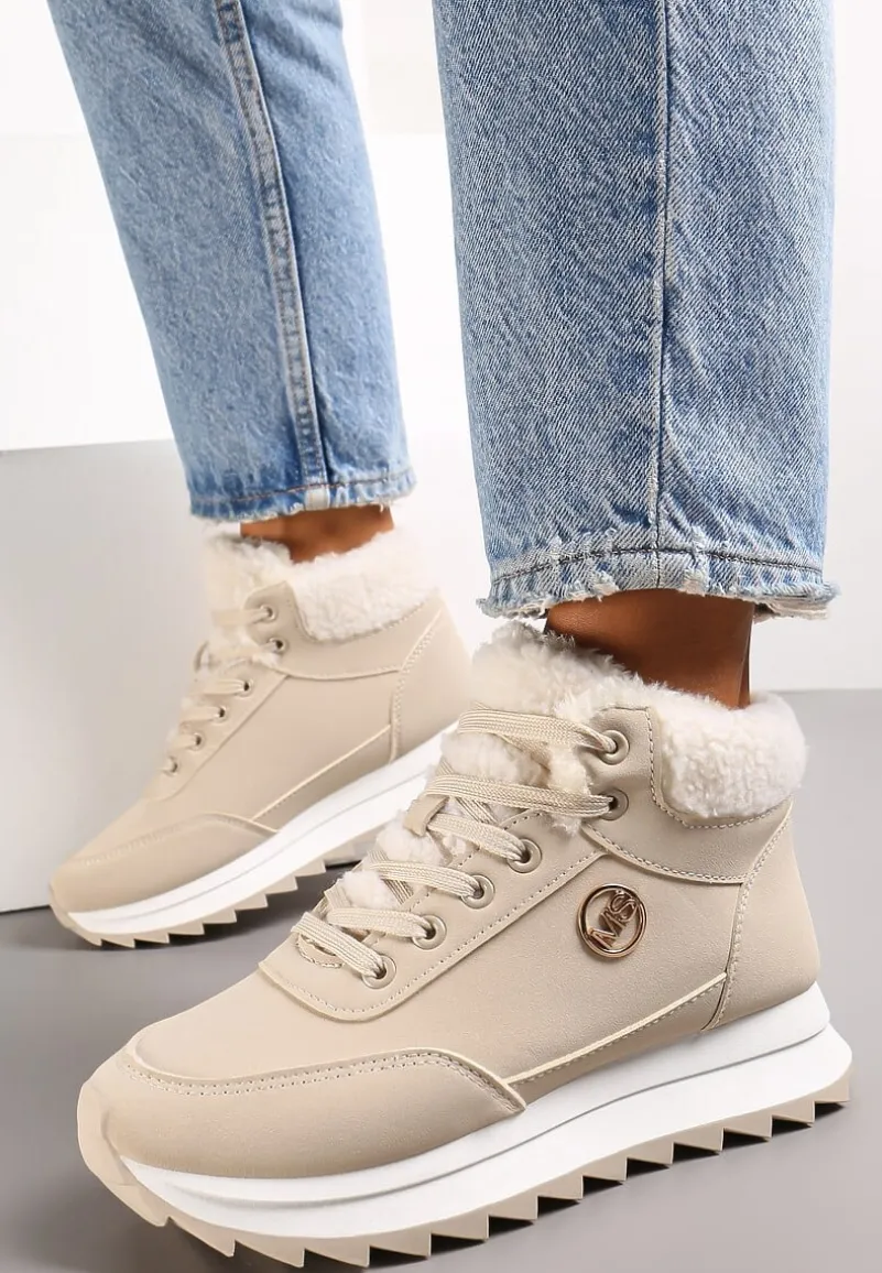 Beżowe Zimowe Sneakersy ze Sztucznym Futerkiem Turelia