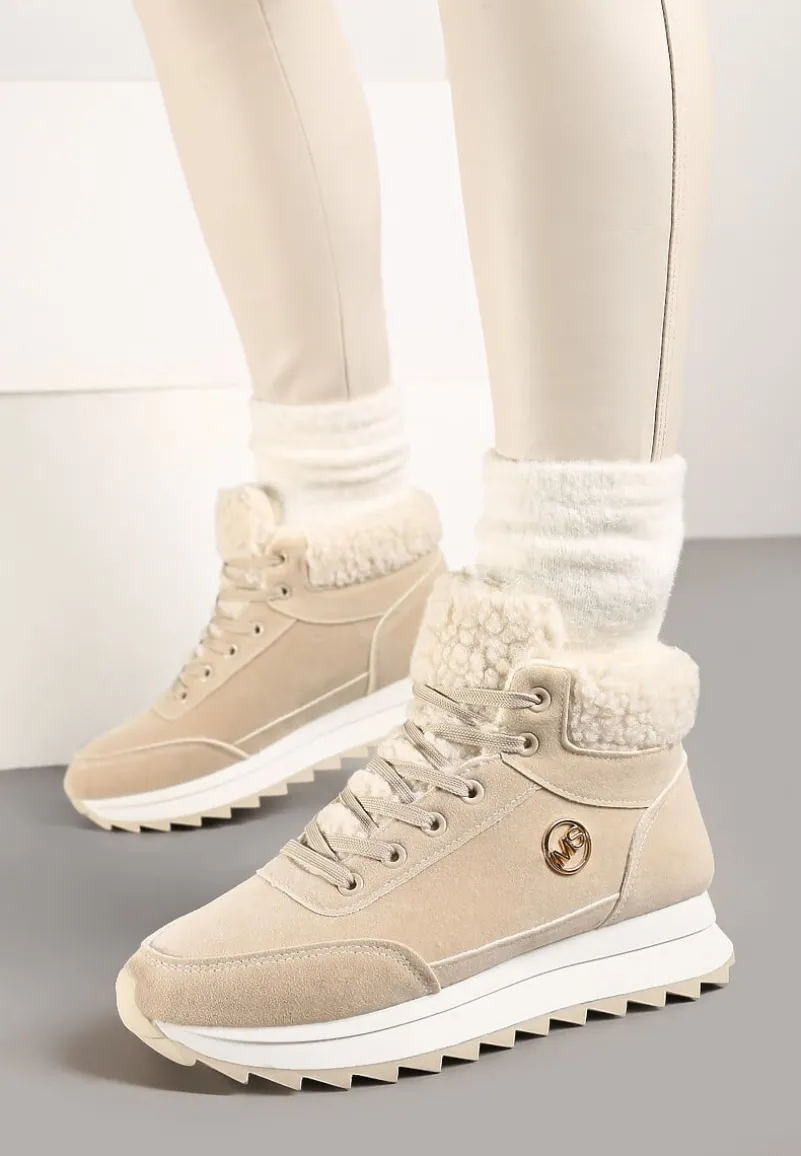 Beżowe Zimowe Sneakersy ze Sztucznym Futerkiem Turelia