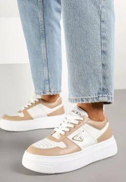 Beżowo-Białe Sneakersy Vices na Platformie z Perforacją i Geometryczną Aplikacją Vilvesia