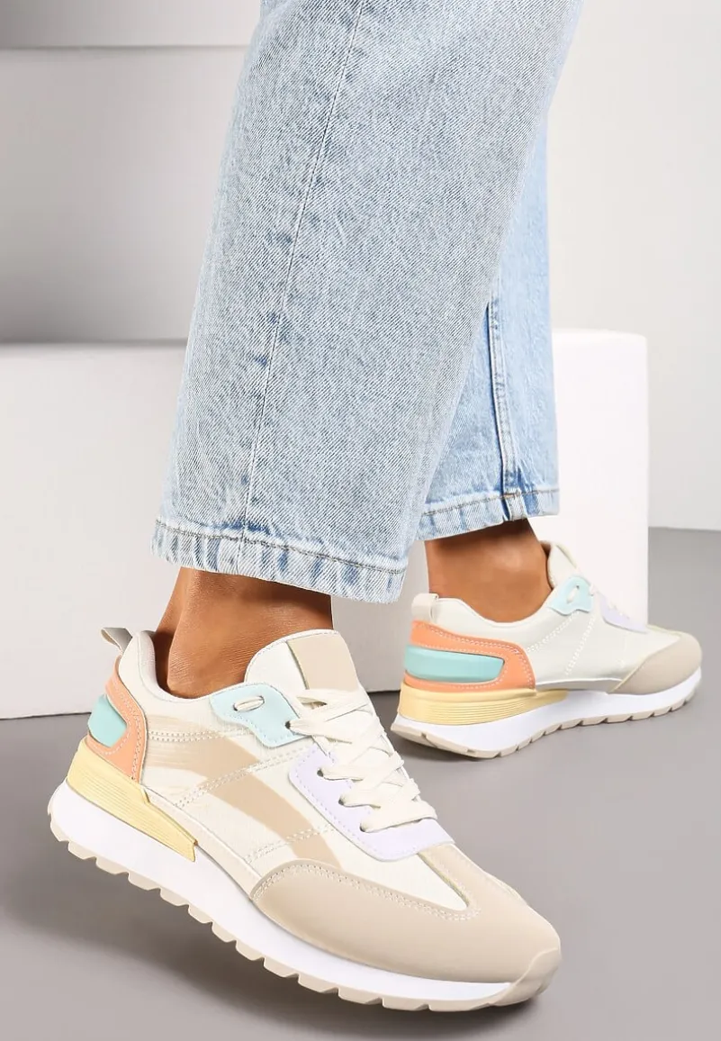Beżowo-Białe Sznurowane Sneakersy z Materiałowymi Wstawkami Aneril