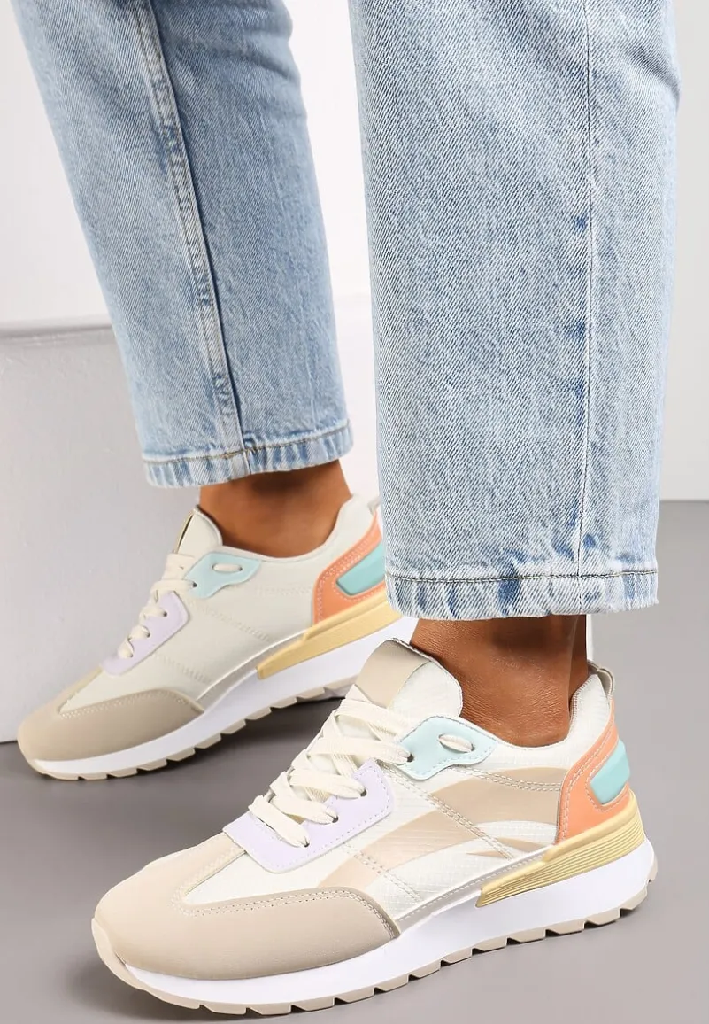Beżowo-Białe Sznurowane Sneakersy z Materiałowymi Wstawkami Aneril