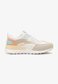 Beżowo-Białe Sznurowane Sneakersy z Materiałowymi Wstawkami Aneril