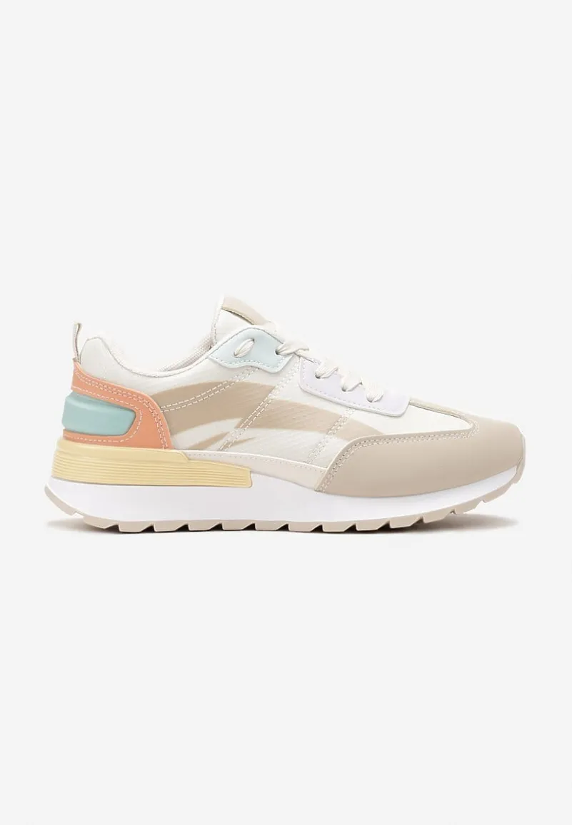 Beżowo-Białe Sznurowane Sneakersy z Materiałowymi Wstawkami Aneril