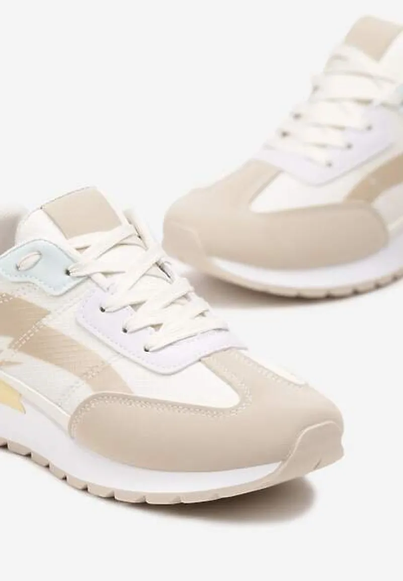 Beżowo-Białe Sznurowane Sneakersy z Materiałowymi Wstawkami Aneril